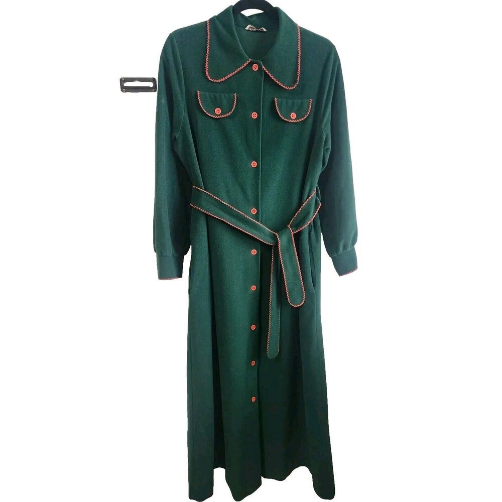 70's Green Long Sleeve Velvet Button Up Day Dress with Red Thread and Buttons M?